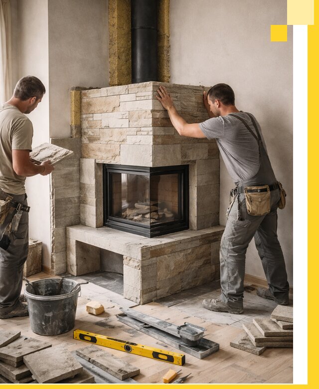 Угловые камины под ключ проект, монтаж и отделка в Чехове